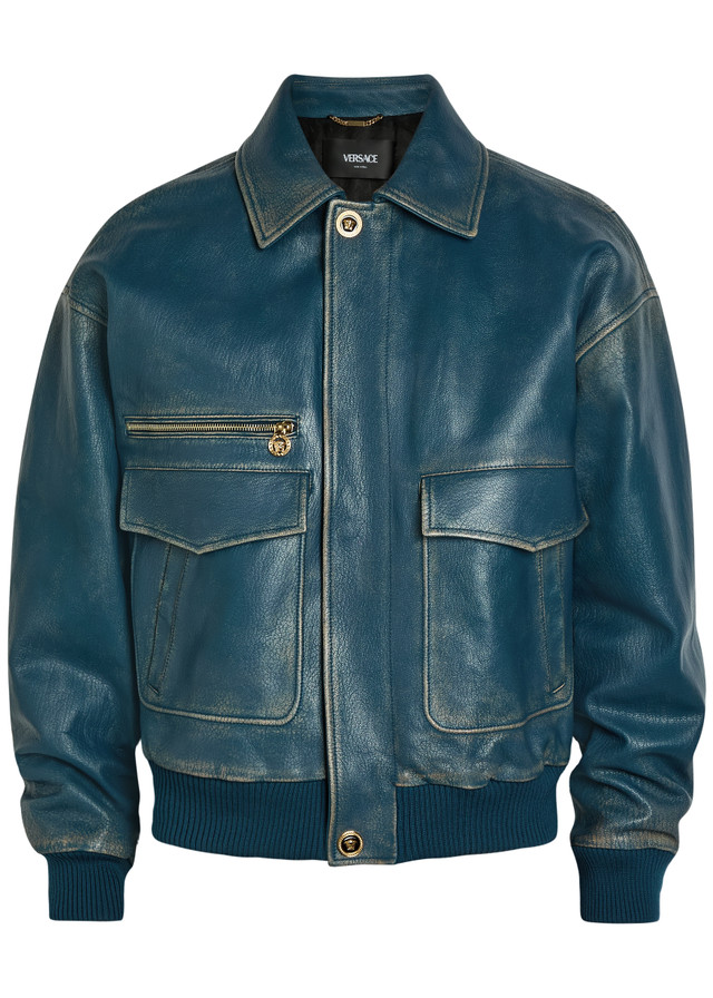 VERSACE Logo-embossed distressed leather jacket