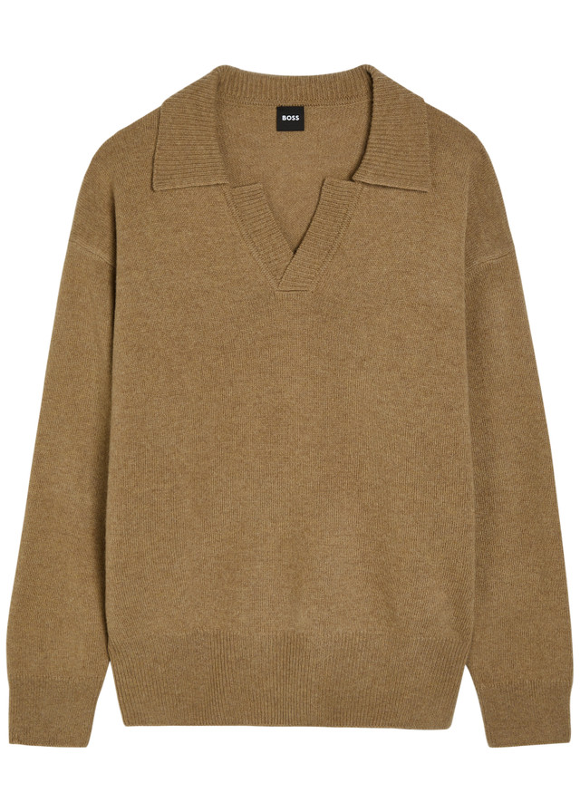 BOSS Open collar wool polo jumper