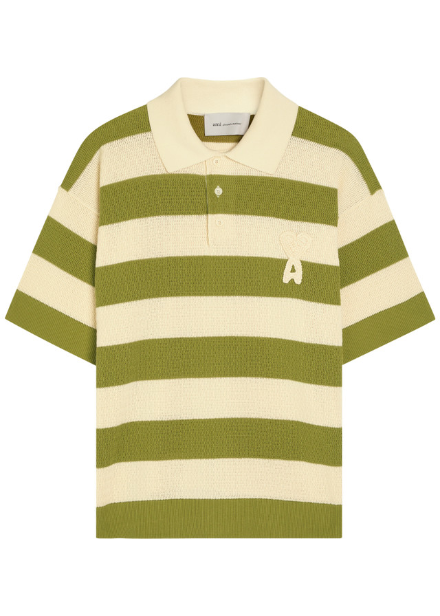 AMI PARIS Striped Logo-appliquéd cotton polo shirt