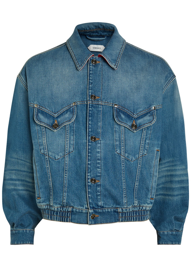 VERSACE Leather-collar denim jacket
