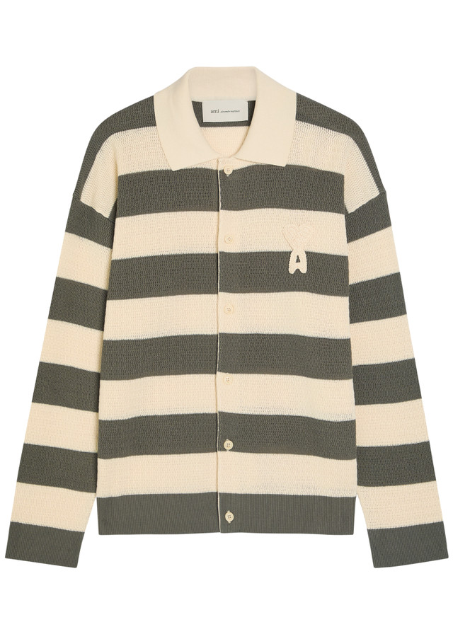 AMI PARIS Logo-appliquéd striped fine-knit cotton shirt