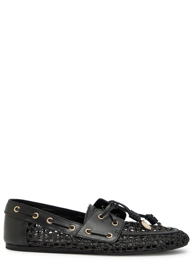 ANCIENT GREEK SANDALS Pliaria leather-trimmed raffia loafers