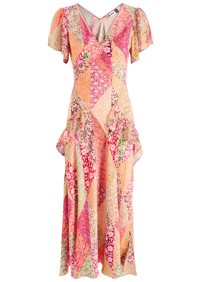 RIXO Evie patchwork-print silk maxi dress