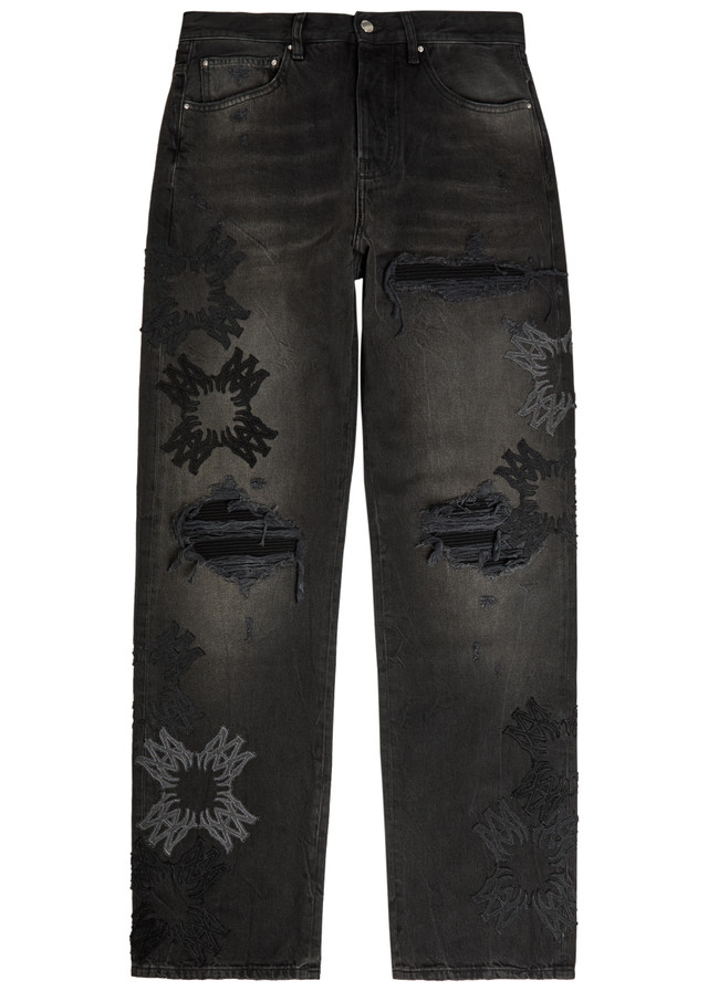 AMIRI Distressed logo-appliquéd straight-leg jeans
